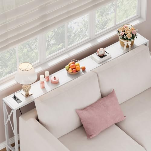 Gewudraw 70" Sofa Table Behind Couch with Socket-Narrow Console Table,White