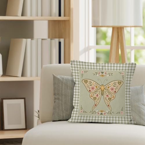 Cottagecore Luna Moth Green Gingham Throw Pillow Cover 18x18
