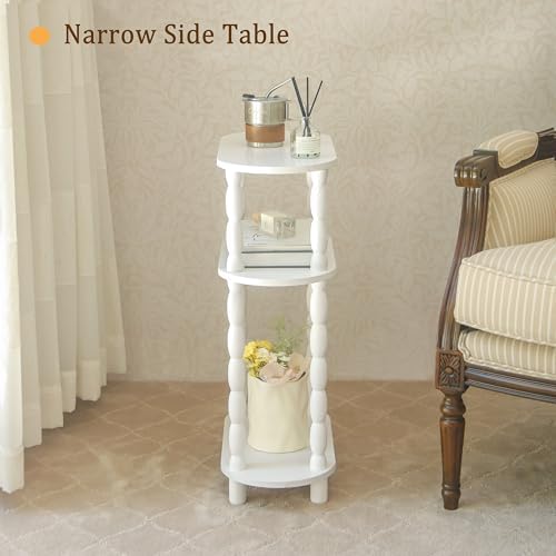 MaxSmeo Narrow Side Table, Small End Table with 3-Tier Open Shelf, White