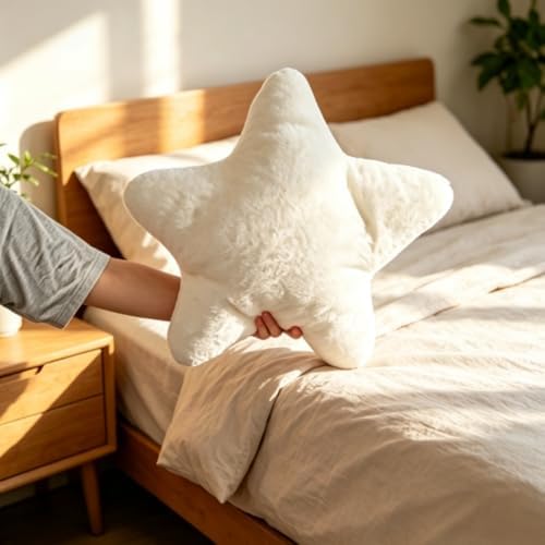 Star Shaped Throw Pillows Set of 2,Cute Plush Decorative Pillows with Fluffy Faux Rabbit Fur, Soft Star Cushion for Sofa Couch Bed Living Room Bedroom Home Decor (White, 15.7")