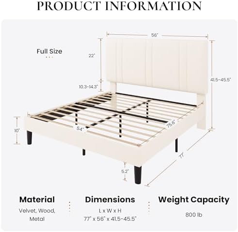 SHA CERLIN Full Size Velvet Bed Frame with Adjustable Headboard, Cream