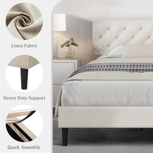 HOMBCK King Size Bed Frame, Upholstered Bed Frame with Headboard, White