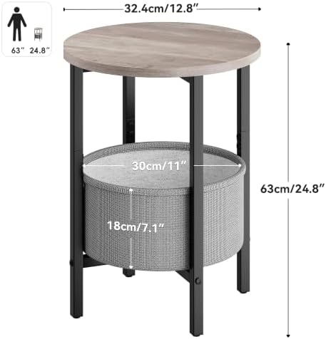 Vagusicc Small Round Side Table, Accent End Table with Fabric Basket, Drink Table Coffee Table for Small Spaces, Sofa Corner Table,Bedside Table,Modern Nightstand for Living Room, Bedroom, Gray