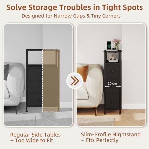 Somdot Narrow End Table Set of 2, Charging Station, Side Table, 3 Drawers