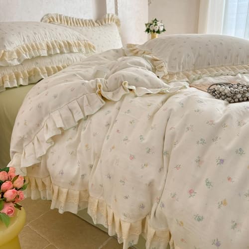 Ivory Duvet Cover Set Muslin Cotton Queen(90"x90"),Multicolor Flower