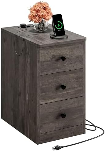 LIKIMIO Nightstand with Charging Station, 3 Drawers Modern for Bedroom