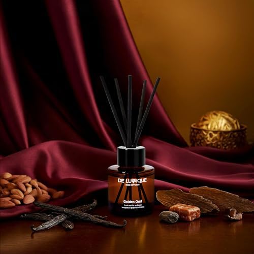 Golden Oud Scent Reed Diffuser – Room Scent Diffuser with Essential Oils – Home Fragrance Diffuser – Long-Lasting Aroma with Oud, Vanilla & Damask Rose Oil Diffuser – 50ml