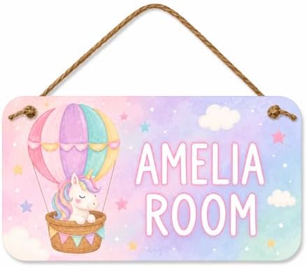 Unicorn Name Sign - Custom Room Sign - Kids bedroom Sign- Unicorn in hot air balloon with rainbow -Nursery, Room Decor