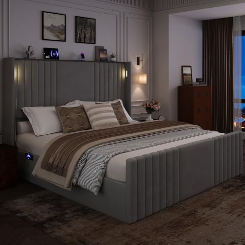 55" Tall King Size Platform Bed Frame with 2 Reading Lights, Grey