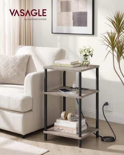 VASAGLE Side Table with Charging Station, 3-Tier Small Tall End Table