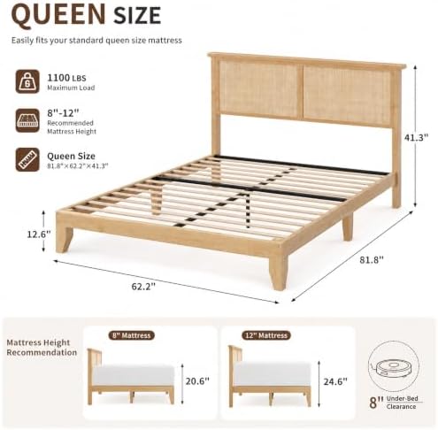 Jojoka Farmhouse Rattan Bed Frame with Natural Headboard & RGB LED Lights - Sturdy Wood Platform, Silent Slats, Generous Underbed Storage, No Box Spring Needed, Bedroom Furniture (New Structure)