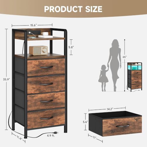 Lazzanto Nightstand with Rear Charging Station, LED Light, 4 Drawers, Brown