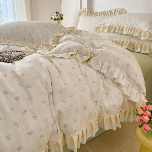 Muslin Cotton Duvet Cover Set Ruffled,Twin(68"x86"),Multicolor Flower
