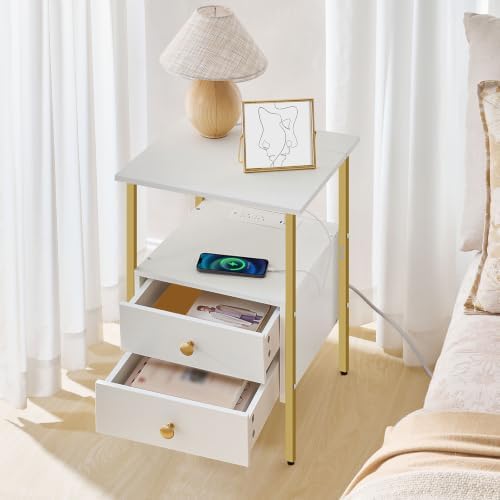 HOOBRO End Table with Charging Station, Bedside Table with Drawers