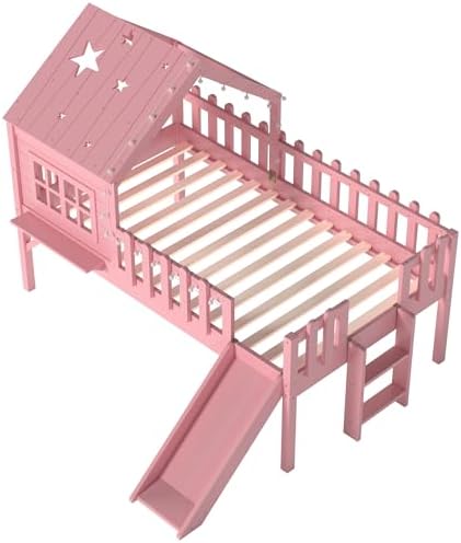 Bellemave Twin Loft Bed with Slide and Ladders, Solid Wood Low Loft Bed with Tray, Lights, Playhouse Roof, House Loftbed Frame for Kids, Boys, Girls, Childlike and No Box Spring Needed Design, Pink