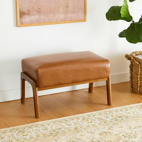 Glitzhome 15.5"(H) Footrest Stool, Leatherette Ottoman, Accent Padded Sofa Foot Stool for Accent Chair, Wood Frame Foot Rest Ottoman for Living Room, Bedroom, Yellowish-Brown
