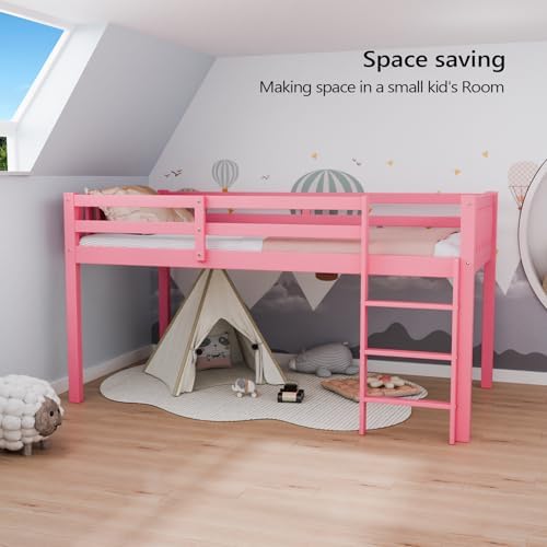 JOYMOR Low Loft Bed Twin Size with Stairs, Wooden Loft Bed for Kids, Junior，Young Teens，Pine Wood Twin Bed Frame, Space-Saving Design, No Box Spring Needed, Pink
