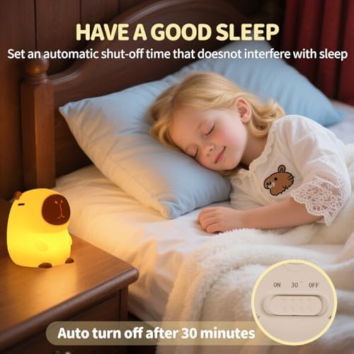 Capybara Night Light for Kids, Cute Squishy Silicone Capybara Lamp, 50-Hour Rechargeable Bedside Light with Tap Control, 2 Brightness Levels, 30-Min Auto-Off Timer, Nursery Room Decor Gift
