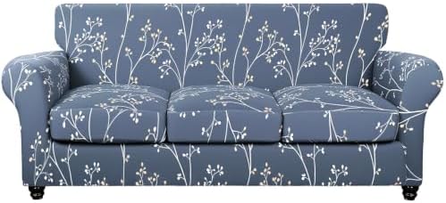 SearchI Stretch Sofa Cover Printed Couch Cover, Floral Pattern 4 Pieces Sofa Slipcover with 3 Separate Cushion Cover, Washable Furniture Protector for Living Room(Sofa, Gray Blue)