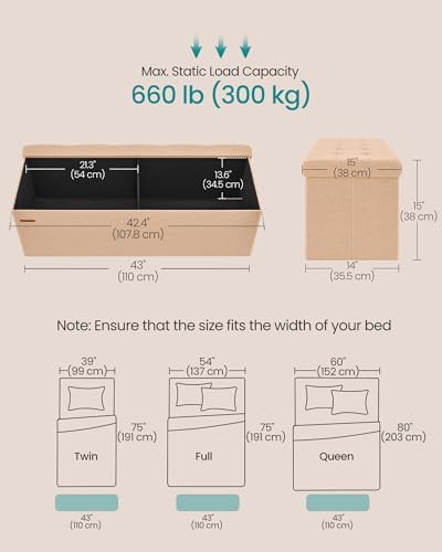 SONGMICS 43.3 Inches Folding Storage Ottoman Bench, Load 660 lb