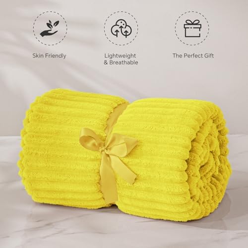BEDELITE Ribbed Jacquard Yellow Fleece Throw Blanket for Couch, 50x60 Inch