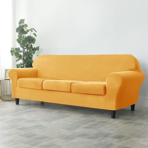 OBCREAT 4 Pieces Sofa Slipcover Stretch Velvet Sofa Covers for 3 Cushion Couch Soft Couch Cover with Elastic Bottom Non Slip Furniture Protector for Pets Kids (Gold, Large)