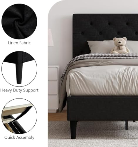 HOMBCK Twin Size Bed Frame with Adjustable Headboard, Black