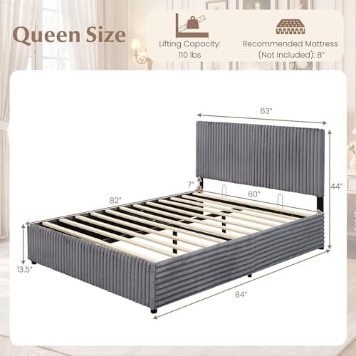 GIANTEX Queen Size Lift Up Storage Bed, Modern Corduroy Upholstered Platform w/Wingback Headboard, Hydraulic Support, Queen Bed Frame with Storage, No Box Spring Needed (Grey)