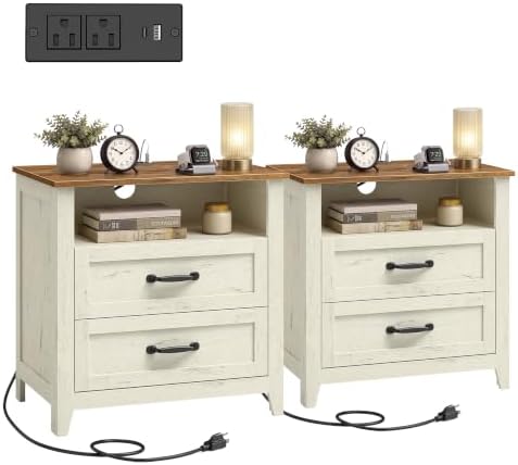 VASAGLE 23.6 inch Farmhouse Nightstands Set 2, Charging Station, 2 Drawers