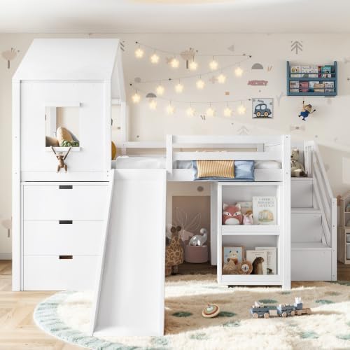 Full Size Playhouse Low Loft Bed with Slide Storage Drawers Stair Shelves Pull Out Desk (White, Full)