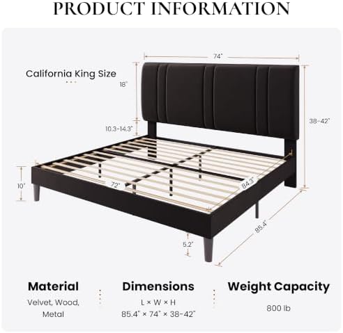 SHA CERLIN California King Size Bed Frame with Adjustable Headboard, Black