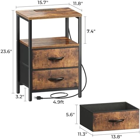 Huuger Nightstand with Charging Station, Side Table with Fabric Drawers