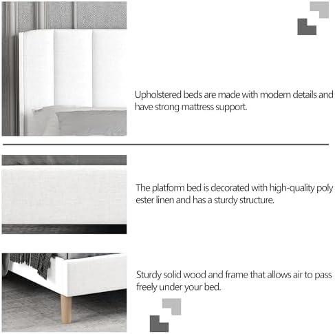 King Size Bed Frame with Linen Upholstered Headboard, White