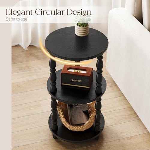 Yoobure Small Round Side Table - 3-Tier End Table with Storage Shelf, Narrow Bedside Table Nightstand for Bedroom, Accent End Tables Living Room, Wood Side Tables for Small Spaces, Office, Black