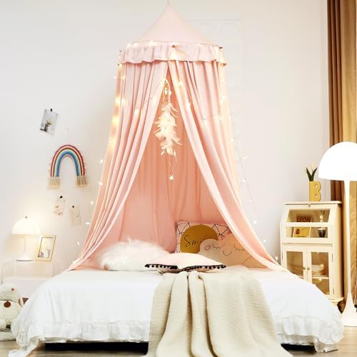 Kertnic Decor Princess Canopy for Girls Bed, Soft Smooth Playing Tent Canopy Room Decoration Castle, Dreamy Mosquito Net Bedding, Reading Nook Canopies in Home (Pink-Ruffle)
