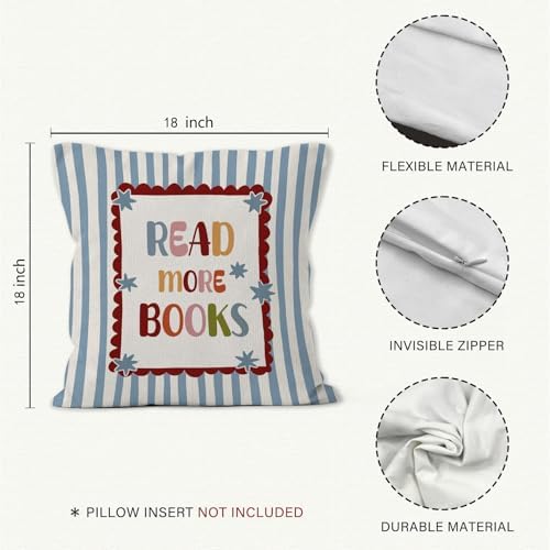 Boho Classroom Reading Throw Pillow Cover 18x18, Book Lover Bookish Gifts Decorative Pillow Covers for Kids Nursery Bedroom Reading Room Corner Nook, Blue Striped Accent Pillows Cover Pillowcases