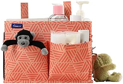 Surblue Bedside Caddy Hanging Bed Organizer Storage Bag Pocket for Bunk and Hospital Beds, College Dorm Rooms Baby Bed Rails,Camp Chiars，Wheelchair Side Bag，4 Pockets and 2 Hooks (Orange Plaid)