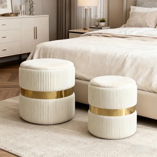 Round Ottoman with Storage Set of 2 White Velvet Vanity Stool