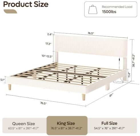Bestier King Size Bed Frame with Headboard LED Lighting,Upholstered,Beige