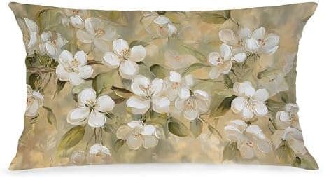 Neutral Vintage White Blossom Floral Pillow Cover 12x20, Rustic Beige Cottagecore Botanical White Flower Decorative Lumbar Pillow Cover for Couch Bed Living Room Bedroom