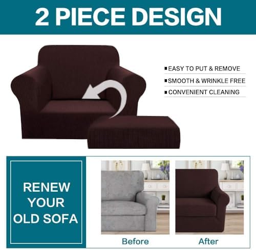Turquoize 2 Piece Chair Covers Chair Slipcovers for Living Room Small Armchair Chair Cover with Arms Washable Furniture Cover for Chairs Feature Thick Jacquard Fabric (Small Armchair, Brown)