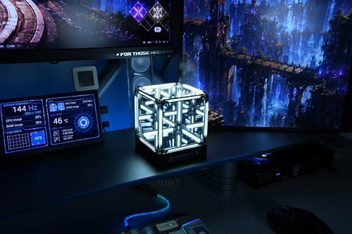 Infinity Mirror Cube Lamp with Display Case, Cool White 6000K | Tesseract Abyss Light, USB-C Rechargeable, Touch Dimmable LED Desk Decor for Gaming Room, Bedroom & Shelf