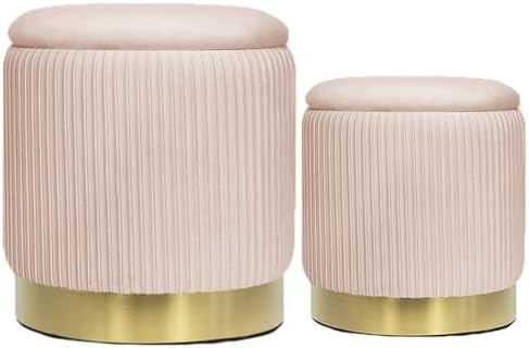 Round Ottoman with Storage Set of 2 Pink Velvet Vanity Stool