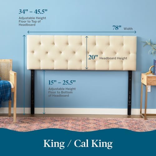 LUCID Mid-Rise Upholstered Headboard, Tufted, Pearl, King/Cal King Size