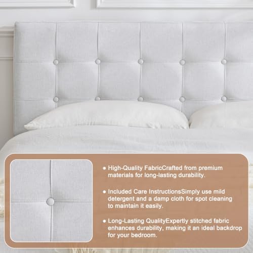 Linen Tufted Headboard Queen Size, Solid Wood Queen Headboard Only, White