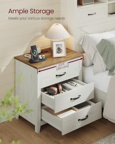 VASAGLE Farmhouse Nightstand with Charging Station, Set of 2