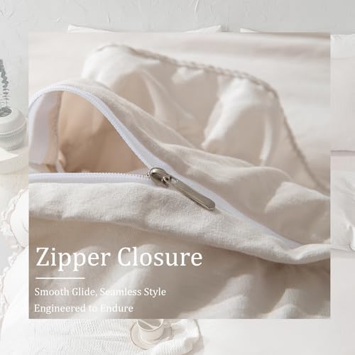 Bedorm Beige Duvet Cover Set Twin Ruffle Bedding Set Pleat Ruffled Shabby Chic Comforter Cover Extra Soft & Easy Care White Boho Duvet Cover with Zipper Closure