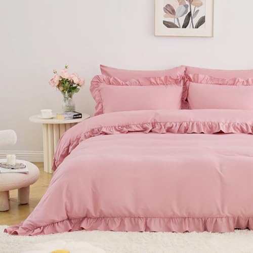 Horbaunal 5 Pcs Pink Ruffle Duvet Cover Queen Size Soft Microfiber Shabby Chic Ruffled Duvet Cover Set, Vintage French Country Ruffle Bedding Set with Zipper Closure & Corner Ties, 90" x 90"