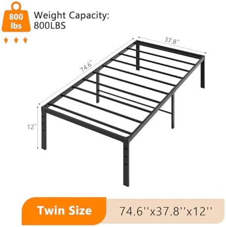 VINGLI 12 Inch Twin Bed Frame, Heavy Duty Metal Platform, No Box Spring Needed, Sturdy Steel Slat Support, Easy Assembly, Noise-Free, 10.4 Inch Underbed Storage,Black