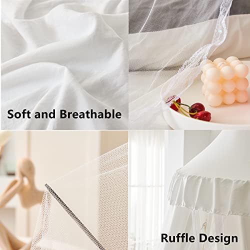 VETHIN Bed Canopy Double Layer Princess Round Dome Dreamy Mosquito Net Bedding Girls Room Castle Play Tent Hanging House Decor Reading Nook Canopies(White/White)